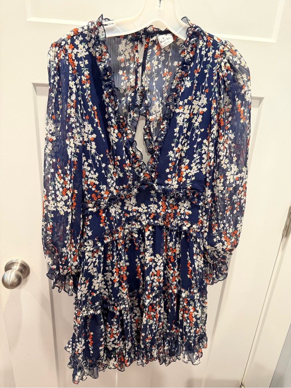 Angel Biba Navy Floral Ruffle Cutout Mini Dress medium Sheer Sleeve